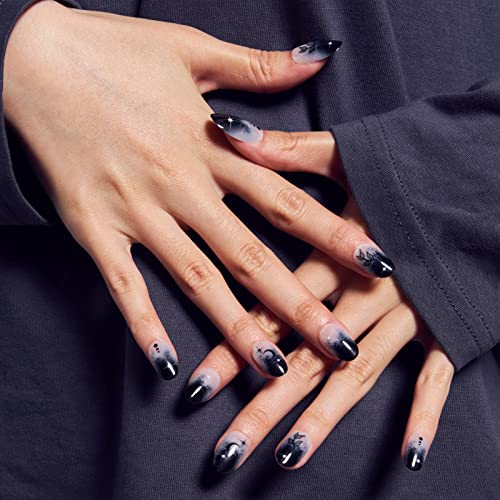 GLAMERMAID Short Press on Nails Squoval, Ombre French Tip Fake Nails Medium Oval Black Gothic False Nail Kits Stiletto Acrylic Stick Glue on Nails Sets Reusable Full Cover Emo Nails for Women Girls Gift, 24Pcs