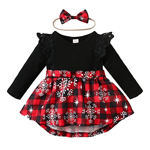 1st Christmas Outfit Newborn Baby Girl Flutter Lace Long Sleeve Top Floral Skirt Bodysuit Xmas Dress Headband (Red-Plaid, 6-9 Months)