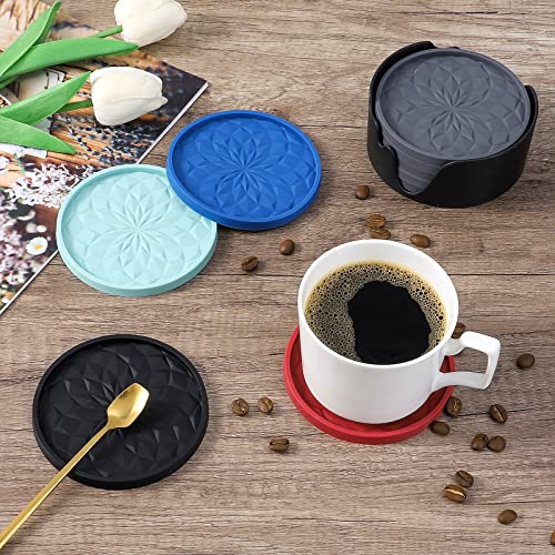 Silicone Coasters [6 Pack] ME.FAN Coasters with Holder - Drinking Cup Mat - Live for Hot or Cold Drink Thickened, Non-Slip, Non-Stick, Deep Tray Black