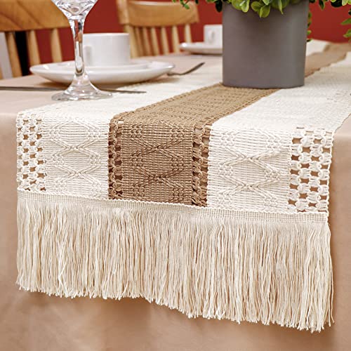 OurWarm Macrame Table Runner Farmhouse Style, Natural Burlap Boho Table Runner Modern Farmhouse Decor Rustic Woven Cotton Crochet Lace for Bohemian, Rustic,Bridal, Shower Wedding, Dinner, 72" x 12"