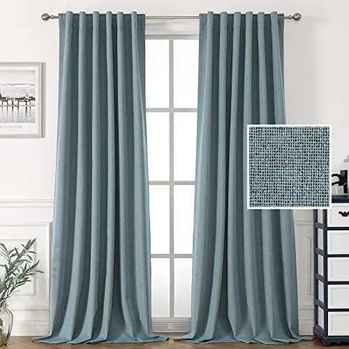 H.VERSAILTEX 100% Blackout Faux Linen Curtains for Bedroom 96 inch Full Light Blocking Drapes with Double Face Linen Back Tab Loop Pocket Textured Burlap Curtains for Living Room 2 Panels, Stone Blue