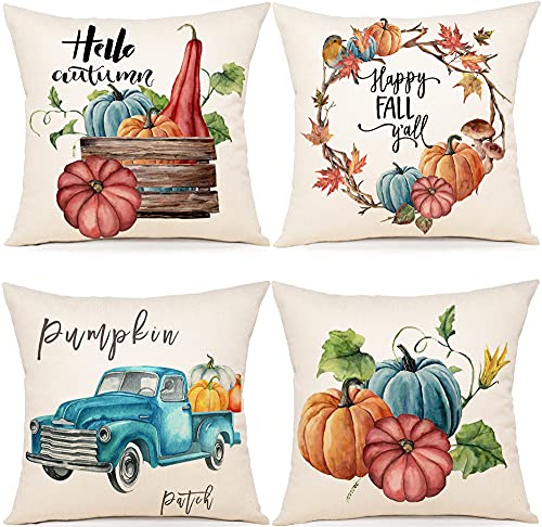 ZWJD Fall Pillow Covers 18x18 Set of 4 Pumpkin Truck Fall Decorations Pillow Covers Thanksgiving Autumn Theme Fall Decor Grateful Thanksgiving Cushion Cover 18 X 18Inches