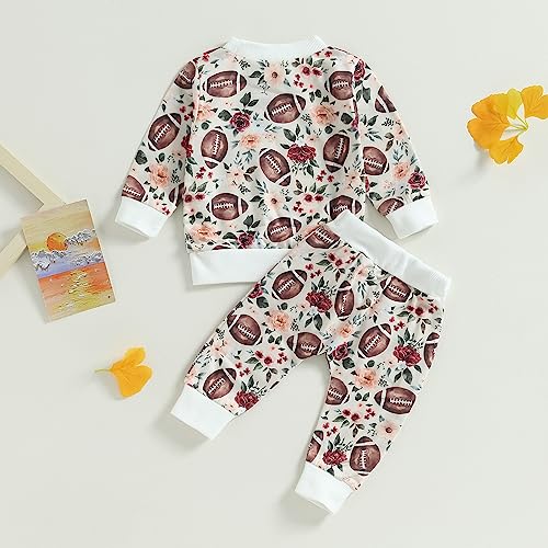 Toddler Baby 2PC Outfit Football Print Long Sleeve Tops Flower Pants Set for Infant Girls Boy Fall Clothes (Rugby&Flower, 0-6 Months)