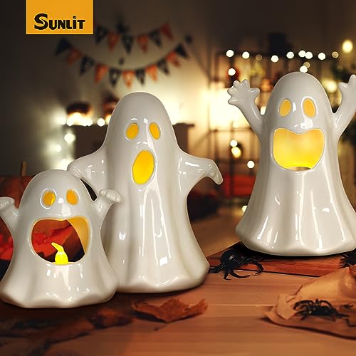 Sunlit Ceramic Ghost with 3 Tea Lights, Spooky Candle Holder Set of 3, Tabletop Indoor Halloween Decorations for Holiday Party Home, White