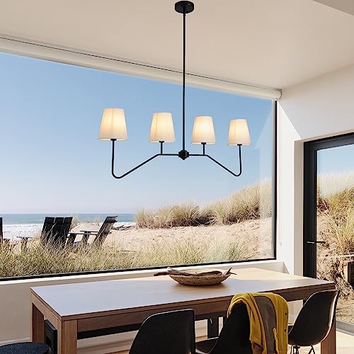 4-Light Linear Chandeliers for Dining Room, 43.3'' Black Kitchen Island Lighting, Modern Classic Pendant Lighting Fixture with White Linen Shades for Dining Room Living Room Kitchen Island (E12 Base)