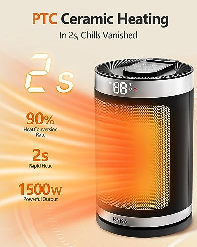 KNKA Space Heaters for Indoor Use, Portable Electric Heater with Thermostat, 90° Oscillation, 4 Mode, 12H Timer, 1500W Fast Safe Heating Ceramic Heater for Bedroom, Home, Office - ETL Certified, 9.4"