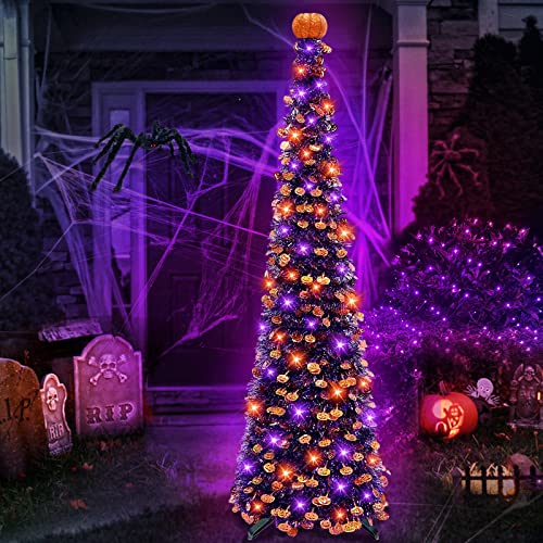 [ Orange & Purple Lights ] 5 Ft Halloween Black Tree Timer DIY 50 Lights Battery Operated Pumpkin Top Sequin Tinsel Artificial Pop Up Pencil Scary Halloween Decoration Home Indoor Outdoor