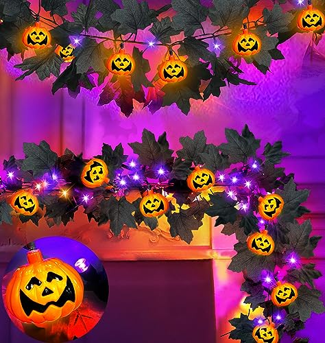 [Orange & Purple Lights] 2 Pack Black Halloween Garland Lights with 3D 20 Pumpkin Halloween Decorations Total 16.4Ft 40LED Black Maple Leaf Lights Hanging Garlands Battery Operated Home Indoor Home