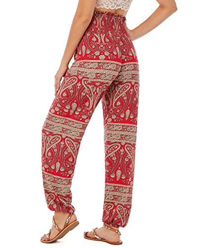 QIANXIZHAN Women's Harem Pants, High Waist Yoga Boho Trousers with Pockets Burgundy Red S