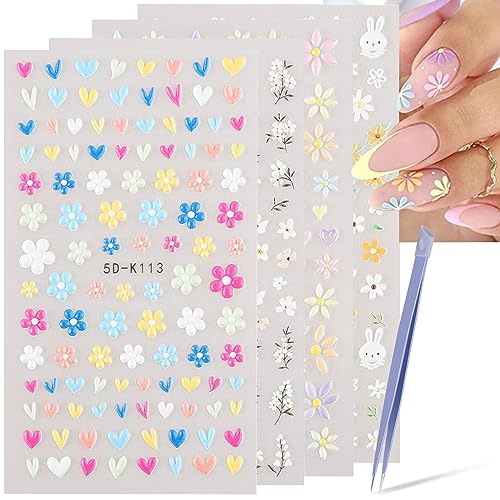 Flower Nail Art Stickers, 5D Embossed Nail Decals Nail Art Design Self Adhesive Nail Supplies with Nail Tweezer, Colorful Flower Nail Stickers for Women Manicure Decoration