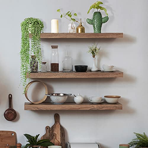 Floating Shelves,Solid Wood Shelf Set of 3, Floating Shelves for wall Solid Wood Durable Natural Floating Shelves Bracket Wall Shelves Decoration for Kitchen Bedroom Bathroom Study room (Light Brown)