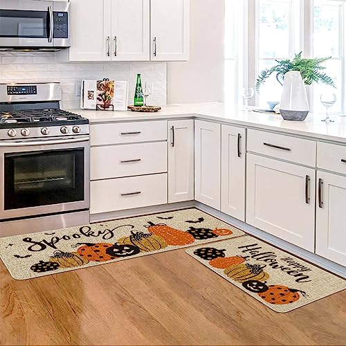 Artoid Mode Pumpkin Bats Happy Halloween Kitchen Mats Set of 2, Home Decor Low-Profile Kitchen Rugs for Floor - 17x29 and 17x47 Inch