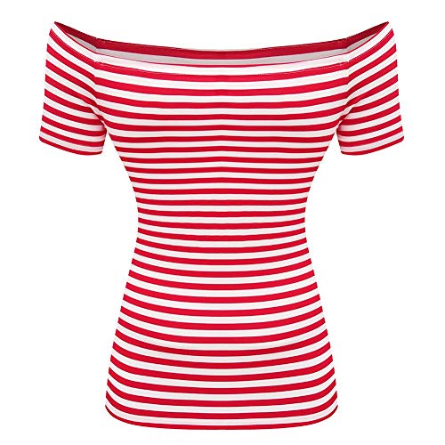 Women's Short Sleeve Vogue Fitted Off Shoulder Modal Blouse Top T-Shirt (Medium, Red Stripe)