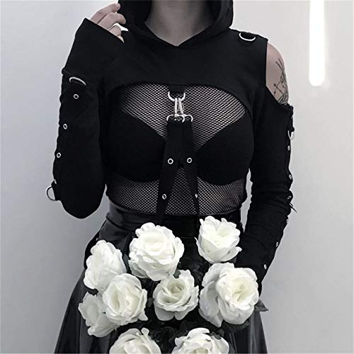 Women Gothic Punk Hoodies Bandage Crop Tops Long Sleeve Off Shoulder Pullover Sweatshirt for Rave Festivals Streetwear