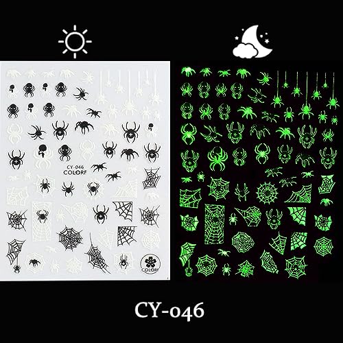 6 Sheets Halloween Nail Art Stickers Glow in Dark Nail Decals Skull Head, Bat, Spider Web, Cat, Alien Design Nail Stickers Luminous 3D Self Adhesive Decals Halloween Nail Decorations for Women Kids