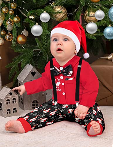 AGAPENG Baby Boy Christmas Outfit My First Christmas Baby Boy Outfit Infant Gentleman Romper with Bow Tie Suspender Pants Hat 0-3 Months Baby Christmas Outfit Boy 3Pcs Clothes Set