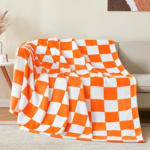 BEDELITE Checkered Throw Blanket for Couch and Bed, Luxurious Decorative Fleece Blanket with Checkerboard Grid Home Decor, Soft and Cozy Orange and White Fall Throw Blanket, 50"x60"