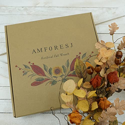 AMF0RESJ Artificial Fall Wreath for Front Door Autumn Wreath with Golden Eucalyptus Leaves,Oak Leaves for Indoor Outdoor Farmhouse Home Wall Window Festival Wedding Decor