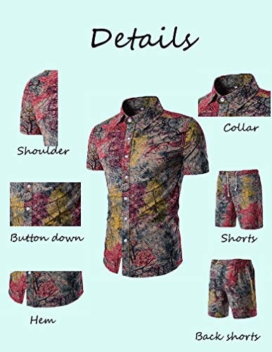 Tebreux Men's Floral Outfits 2 Piece Shirts and Shorts Suit Button Down Hawaiian TrackSuit Blue XL