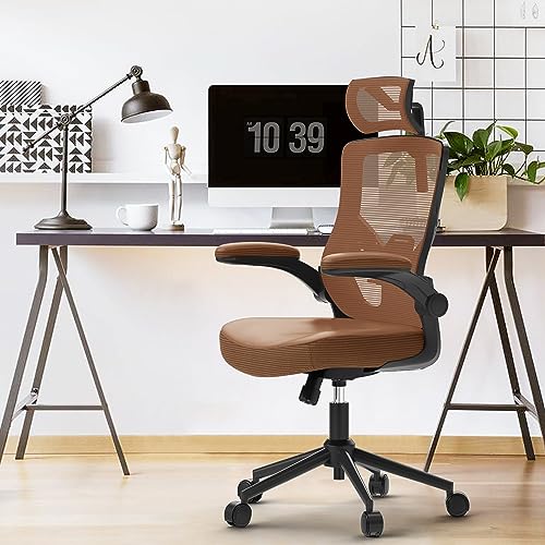 𝑯𝑶𝑴𝑬 𝑶𝑭𝑭𝑰𝑪𝑬 𝑪𝑯𝑨𝑰𝑹, Ergonomic Mesh Desk Chair, High Back Computer Chair- Adjustable Headrest with Flip-Up Arms, Lumbar Support, Swivel Executive Task Chair (Mummy Brown, Modern)