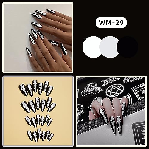 24Pcs Halloween Press on Nails Long Stiletto Skull Fake Nails Full Cover Horror Skeleton Black Nails Glossy Designs Gothic False Nails Stick on Nails for Women Girls Acrylic Nails Manicure Decorations