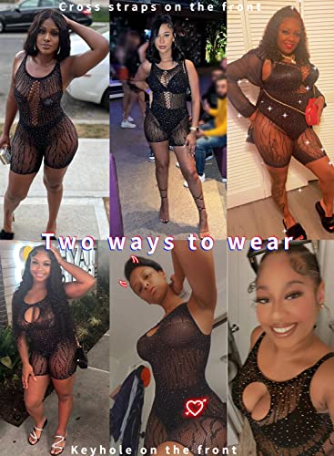 Ella Lust Women Sexy Sparkly Rhinestone Bodysuit - Rave Outfits Exotic Dancewear Mesh Fishnet Romper Cut Out Bodycon Jumpsuit(Black,O,1053a)