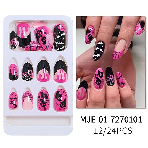 Halloween Press on Nails Medium Pink Halloween Fake Nails Full Cover Ghost Bat Blood Spider Web Halloween Glue on Nails Halloween Medium Almond Nails for Women Halloween Nail Decorations, 24Pcs