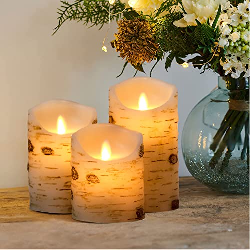 Flameless Candles with Remote Real Wax Bark LED Candles Set of 3 (H:4" 5" 6" D:3.2") Candles Battery Operated Pillar LED Candle Lights Set Home Decoration