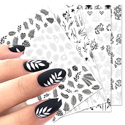 10 Sheets Black White Leaves Flowers Nail Stickers Decals,3D Self- Adhesive Retro Flower Vintage Vine Rose Flower Butterflies Nail Design Classic Fashion Simple Self Adhesive Sticker for Women Girls Nails Art DIY Decoration