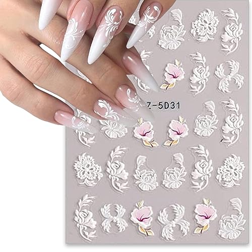 6 Sheets Embossed Flower Nail Art Stickers Decals Exquisite White Flower 5D Self-Adhesive Nail Art Supplies Yellow Pink Blue Lace Floral Nail Art Design Decoration Accessories for Women Manicure DIY