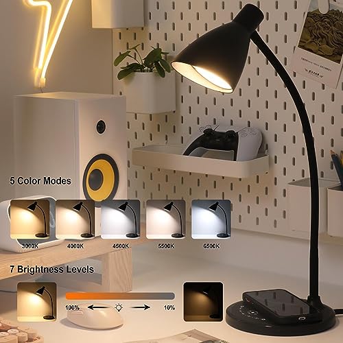 Desk Lamp, Reading Lamp with USB Charging Port 15W Fast Wireless Charger 5 Lighting Modes 7 Brightness Dimmable Eye Care Touch Bedside Table Lamp Gooseneck Desk Lamp for Home Office Dorm with Adapter