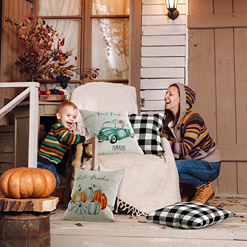 Farmhouse Fall Pillow Covers 18" x 18" - Four Modern Buffalo Plaid Farmhouse Design Throw Pillow Covers - These Pumpkin Decor Accents are The Perfect Addition to Your Indoor/Outdoor Home Decoration