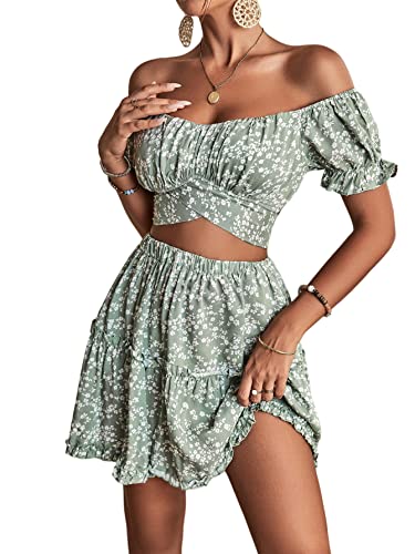 LYANER Women's 2 Piece Outfits Floral Off Shoulder Tie Up Crop Top and Mini Skirt Set Green Large