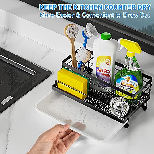 Cisily Sponge Holder , Caddy Organizer, Sink Accessories with Drip Tray, Rustproof and Non-slip , Kitchen Essentials for New Home（Matte Black