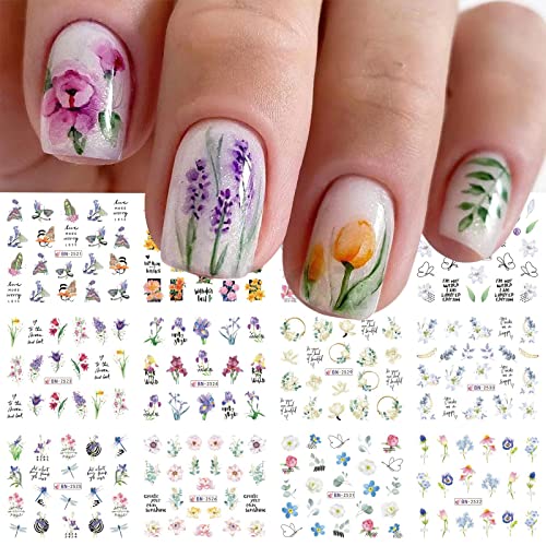 YOSOMK 12 Sheets Flower Nail Art Stickers Decals Summer Lily Nail Decals Water Transfer Nail Art Supplies Orchid Butterfly Dragonfly Colorful Design Nail Accessories for Women Nail Decorations.