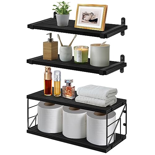 TJ.MOREE Bathroom Shelves Over Toilet Floating Shelves for Wall Rustic with Toilet Paper Wire Basket, Farmhouse Floating Shelf for Bedroom, Living Room, Kitchen, Wall Decoration (Black)