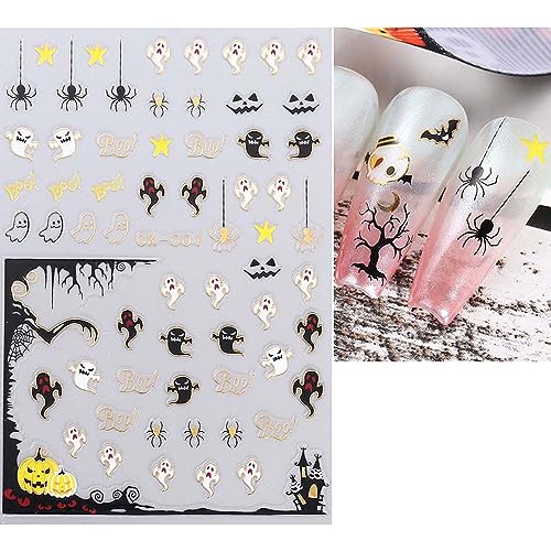 ANDGING Halloween Nail Stickers for Nail Art with 3D Gold Ghost Spider Web Bat Skull Pumpkin Design 7 Sheets Halloween Nail Decals Black Horror Self Adhesive Nail Sticker for Nail Art Decoration