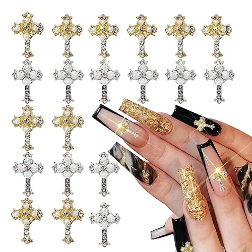 20Pcs Alloy 3D Cross Nail Charm Bling Metal Cross Nail Charms Shiny Nail Gems Crystals Nail Rhinestones for Acrylic Nails Nail Jewels Gold Nail Charms DIY Manicure Decoration for Women