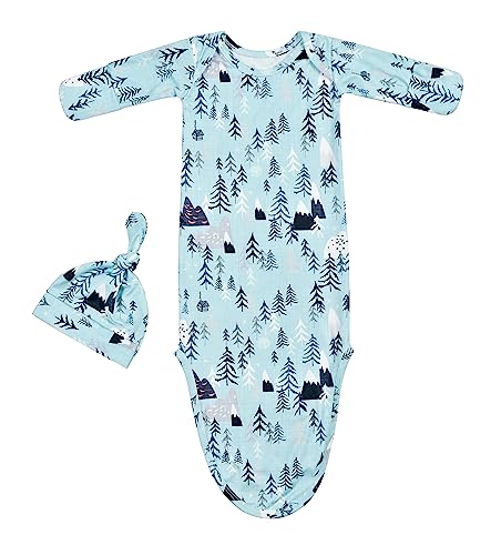 Terriboo Newborn Baby Boy Long Sleeve Sleeper Gown with Mittens Knotted Gown Coming Home Outfit Nightgown Hat Set 2 Pieces (Blue and Green, 0-3 month)