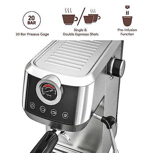 Espresso Machine, wirsh 20 Bar Espresso Maker with Plastic Free Portafitler and Steamer for Latte and Cappuccino, Expresso Coffee Machine with Pressure Gauge, Touch Screen, Full Stainless Steel Scoop&Tamper (Home Barista Plus)