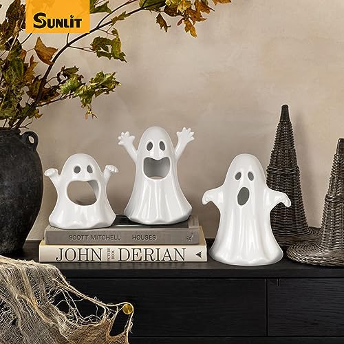 Sunlit Ceramic Ghost with 3 Tea Lights, Spooky Candle Holder Set of 3, Tabletop Indoor Halloween Decorations for Holiday Party Home, White