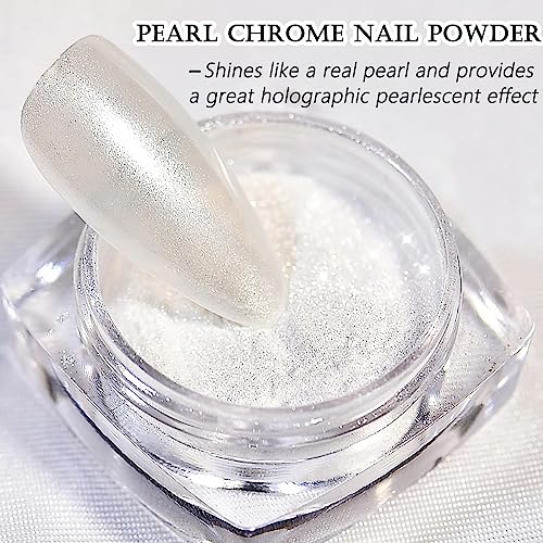 White Pearl Chrome Nail Powder, Ice Transparent Aurora Nail Powder, High Gloss Glitter Nail Art, Mirror Effect Jewelry Glitter White Nail Powder for Manicure Decorations