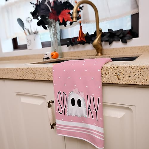 ARKENY Halloween Kitchen Dish Towels Set of 2,Pink Ghost Bowknot 18x26 Inch Drying Dishcloth,Farmhouse Home Decoration AD112