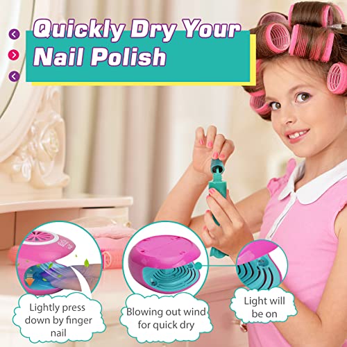 Amagoing Nail Art Kit for Girls, Kids Nail Polish Play Set with Nail Dryer, 2 in 1 Nail Pens,Sticky Cartoon Fake Nail, DIY Sticker, Nail Studio Decoration Birthday Christmas Gift for Kids Age 6-12