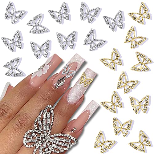 20Pcs Alloy Butterfly Nail Charms 3D Metal Butterfly Nail Gems Nail Rhinestones Shiny Crystal Nail Art Charms for Acrylic Nails DIY Manicure Jewelry Accessories Women Nail Decoration Supplies