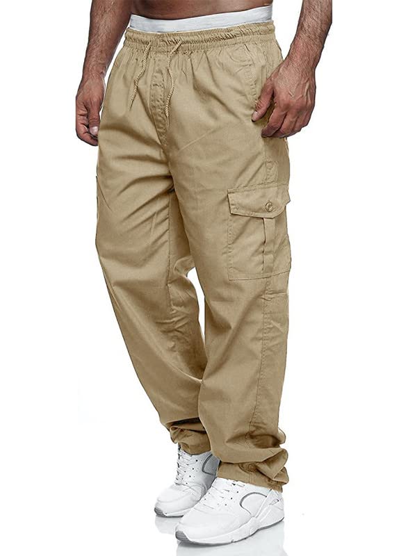 JMIERR Work Pants for Men Casual Cargo Pants Stretch Elastic Waist Relaxed Fit Drawstring Pants Tactical Joggers Sweatpants with Zipper Pockets,US 40(2XL),A Khaki