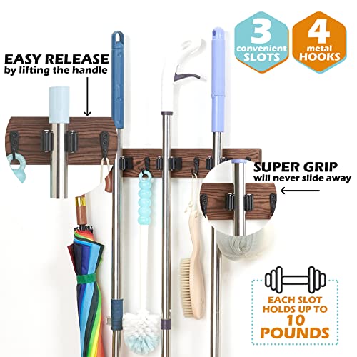 MG rack YF Mop and Broom Holder Wall Mount, Rustic Solid Wood Holder Garden and Kitchen Garage Tool Organizer Wall Hanger for Home Goods (3 Positions with 4 Hooks)