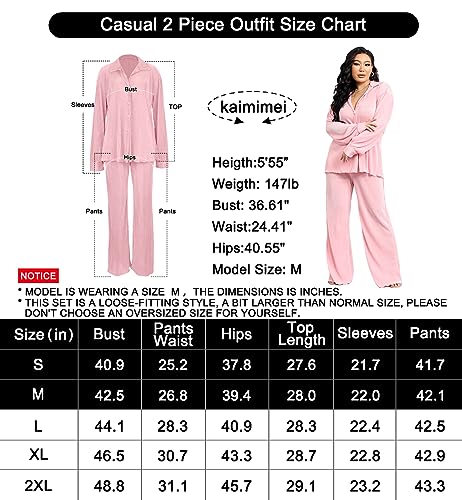 kaimimei Women 2 Piece Casual Outfits Pants Set Loose Fit Print Button Down Shirt High Waist Long Pants