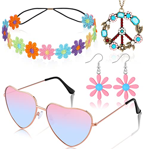 4 Pcs Hippie Costume Accessories Set 70s Peace Sign 60s Outfits for Women Necklace Daisy Earrings Flower Headband Sunglasses (Rainbow Style)