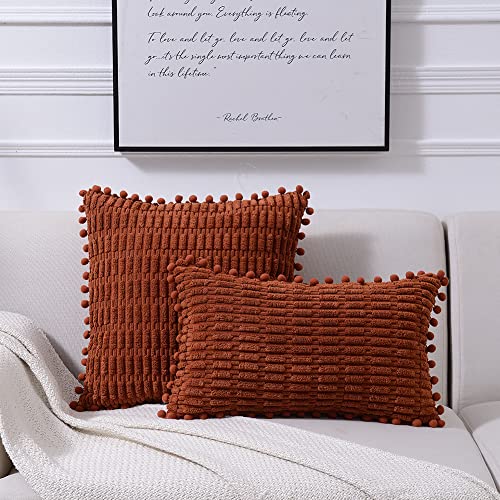 Fancy Homi 2 Packs Rust Decorative Throw Pillow Covers 18x18 Inch with Pom-poms for Couch Bed Living Room, Farmhouse Boho Home Decor, Terracotta Soft Corduroy Cute Square Cushion Case 45x45 cm